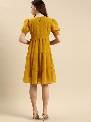 Image of Amazon Brand - INKAST Women A-Line Midi Dress | Puff Sleeves | Perfect for Casual and Semi-Formal Occasions