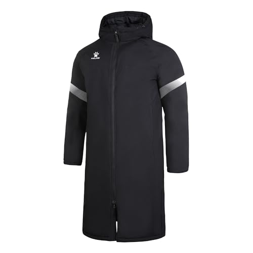 KELME Men's Long Parka Winter Coats, Windproof Hooded Soccer Training Jacket, Stadium Outdoor Cold Weather Warm Outerwear Black White X-Small