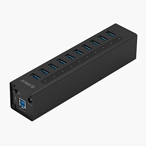 Aluminium Super Speed Tragbar 10 Ports USB Hub BC1.2-Protokoll für Ladegeräte Datenhub mit 12V 3A Netzteil und 1M USB Cable- High-End, Highspeed