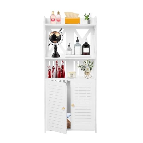 GREENSAPPIRE Armario de Baño Estrecho Blanco con Puertas – Mueble Auxiliar de Almacenamiento de PVC, Estantería Vertical Multinivel, Impermeable y Antihumedad, para Baño, Aseo y Lavadero