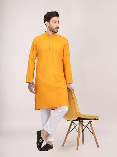 Image of HUZUR Men's Cotton Full Sleeve Long Knee Length Kurta Pajama Comfortable Wear for Festival and Occasion like Holi,Diwali,Eid,Haldi,Mehendi and Wedding