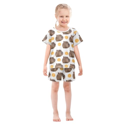 Capybara Orange Pattern Summer Cute Pajama Sets, Short Sets for Daily Wears and Sleep Wears3