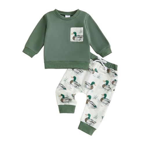Toddler Baby Boy Fall Winter Outfit Hunting Clothes Duck Embroidery Long Sleeve Sweatshirt Pants Set