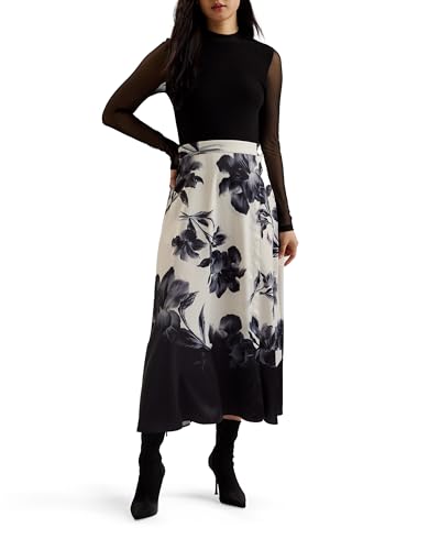 Photo de Ted Baker WMD-selnaa-Mesh Top Printed Skirt Midi Dress Robe pour Occasion spéciale, Noir, 38 Femme