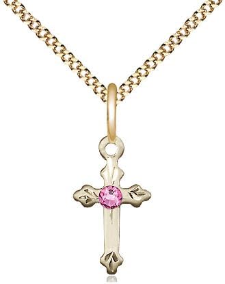 14kt Gold Filled Cross Pendant with a 3mm Pink Austrian Crystal stone on a 18 inch Gold Plate Light Curb Chain.
