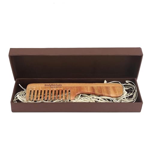 Image of BodyHerbals Dressing Comb, Handle Rake comb, 100% Neem Wood, Hand Made with Design in Gift box (Cream)