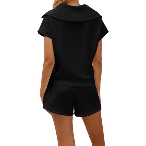 Women 2 Piece Outfits Sweatsuit Set Zip Lapel Collar Short Sleeve Sweatshirt Wide Leg Shorts Tracksuit Sets3