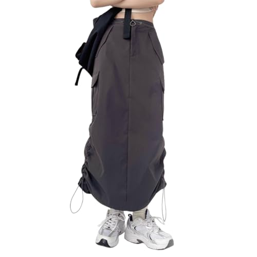 Women High Waist A Line Cargo Long Skirt with Flap Pockets Ruched Drawstring Back Split Long Skirts Streetwear Dark Gray