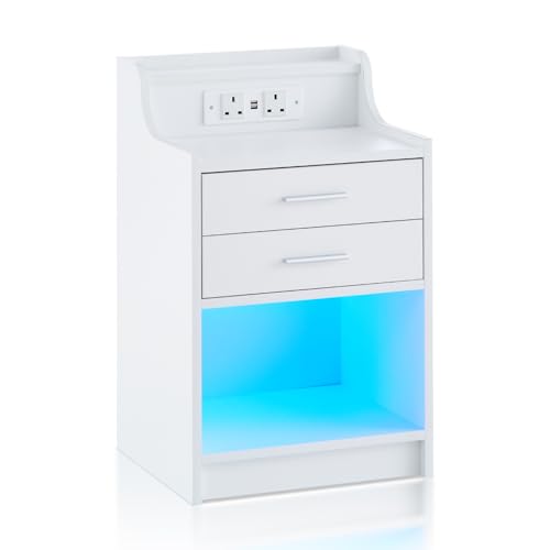 Image of TUKAILAi White Bedside Table with Charging Station, LED Bedside Table with 2 Drawers and Open Storage, Smart Nightstand Cabinet for Bedroom Living Room