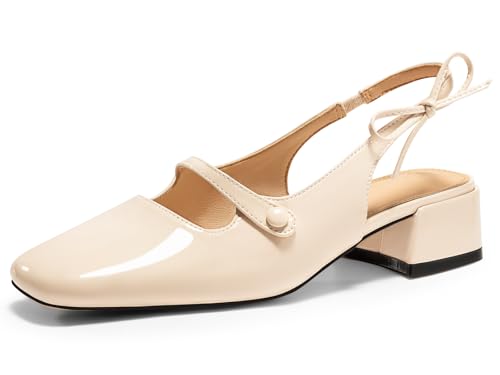 Coutgo Womens Mary Jane Shoes Slingback Chunky Low Heels Bow Closed Square Toe Pumps Wedding Party Dress Shoes