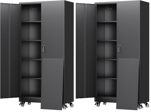 Image of Yizosh Metal Garage Storage Cabinet with Locking Doors and Adjustable Shelves,- 75 inch Rolling Steel Tool Cabinet for Home Office,Garage,Warehouse (Pack of 2)