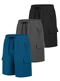 Resinta 3 Pack Boys Athletic Running Shorts with Zipper Pockets Quick Dry Lightweight Hiking Cargo Shorts for Gym Outdoors