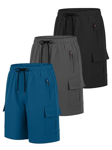 Resinta 3 Pack Boys Athletic Running Shorts with Zipper Pockets Quick Dry Lightweight Hiking Cargo Shorts for Gym Outdoors