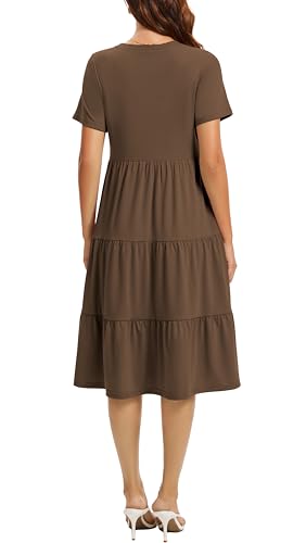 Image of Womens Summer Short Sleeve Crew Neck Midi Dress 2026 Casual Fit Flowy Tiered Beach Vacation Sundress with Pockets