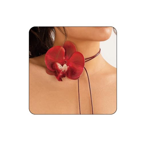 Bethynas Boho Large Orchid Flower Choker Necklace Artificial Phalaenopsis Butterfly Orchid Floral Long Wrap Rope Collar Necklace Hawaiian Beach Party Neck Accessory for Women