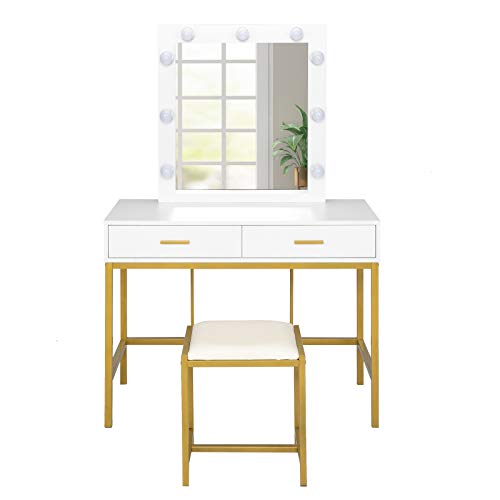 Vingli Vanity Set With Lighted Mirror And Stool,White Makeup Vanity Table Set With 9 Lights For Women,Bedroom Makeup Dressing Table With 2 Drawers And Stool,White&Gold #TOP2
