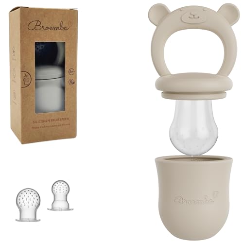 Broemba Fruchtsauger Baby & 3 Schnuller - Beiger 100% Silikon Nahrungsschnuller mit Beißring - Fruchtschnuller für Obst, Gemüse & Babynahrung - BPA-frei