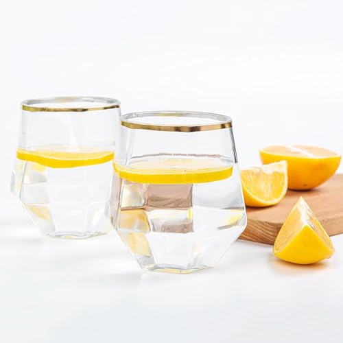 Hyuetrsa 40 Pcs Plastic Wine Cups,12 Oz Gold Rim Plastic Diamond Wine Glass Disposable Stemless Wine Glasses Unbreakable Diamond Wine Glasses for Housewarming Birthday Party Wedding