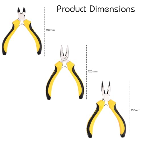 Image of Deli DL103201-3 3 Pcs Mini Pliers Set Including Combination Diagonal & Lose Nose Pliers Heavy Duty High Carbon Steel with Dual Color Handle End Cutting-Pliers For Handcrafts Model Jewelry Making (1Pc)