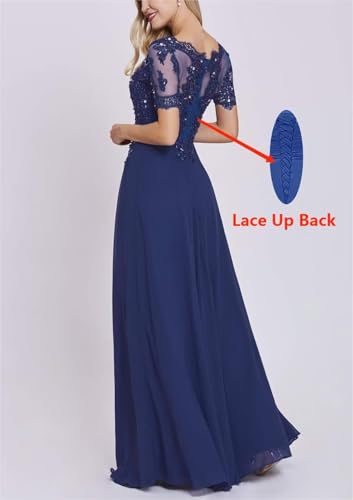 Chiffon Mother of The Bride Dresses Women's Lace Applique Beaded Formal Dresses Short Sleeve Evening Gowns3