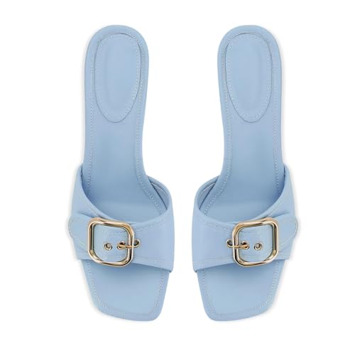 Image of Dsevht Black Kitten Heel Sandals Stiletto Low Heels Slip On Slides Mule Sandal Square Open Toe Dress Shoes for Women