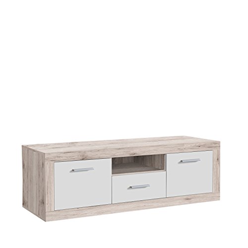 FORTE Baccio TV-Unterschrank mit 2 Türen und 1 Schublade, Holzwerkstoff, Sandeiche/Weiß, 147.80 x 41 x 49.90 cm
