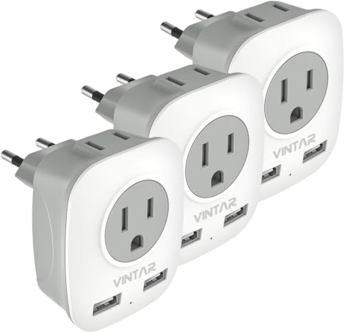 3 Pack European Travel Plug Adapter, VINTAR International Power Plug Adapter with 2 USB Ports,2 American Outlets 4 in 1 Travel Essentials to France, Germany, Greece, Italy, Israel, Spain (Type C)
