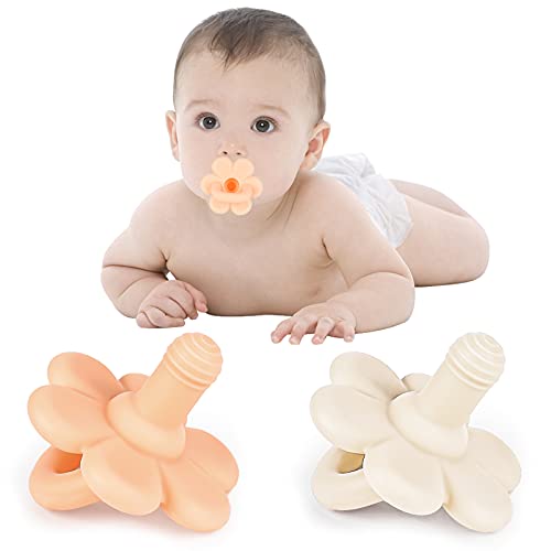 Image of Tinabless Silicone Pacifier & Teether, Soother Pacifier Set of 2 in Orange & Yellow for 3-6 Month Baby Boy and Girl, Ages Newborn & Up