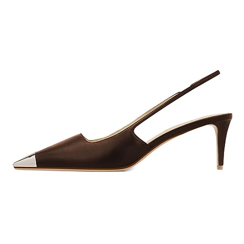 miss left Women Stylish Slingback Square Toe Metal Cap Mid Kitten Heels Slip On Elastic Strap Pumps Versatile Working Prom Shoes Size 4-16 US2