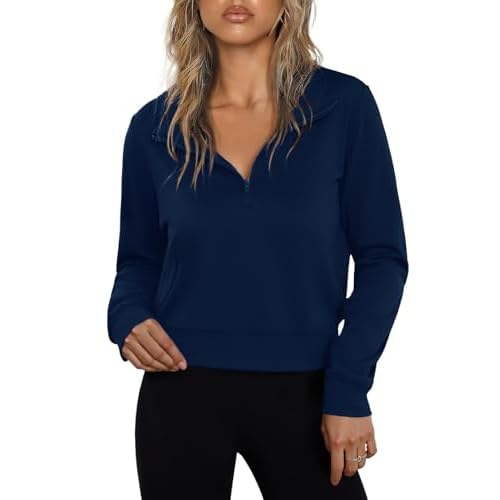 Totatuit Women Half Zip Up Cropped Lapel Sweatshirt Quarter Zipper Casual Long Sleeve Tops Fall Trendy Clothes Navy Blue X-Large