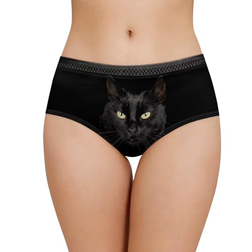 Belidome Damen-Unterwäsche, Slip, Unterhose, weich, atmungsaktiv, leicht, mit schwarzer Taille, schwarze katze, S