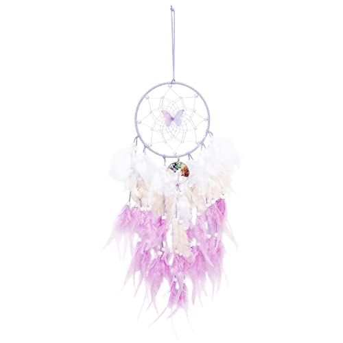 Image of Dreamlike Butterfly Tree of Life Dream Catcher Wall Decor Purple Dream Catcher with Crystal Stone Handmade Feather Dreamcatchers Home Decor Wall Hanging for Girls Bedroom Wedding Craft Gift-29.5"