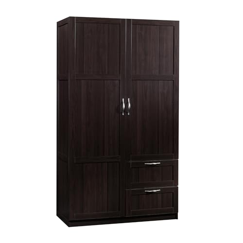Sauder Select Multipurpose Bedroom Armoire Wardrobe Closet Pantry Storage Cabinet with Storage Drawers and Hanging Rail, in Cinnamon Cherry