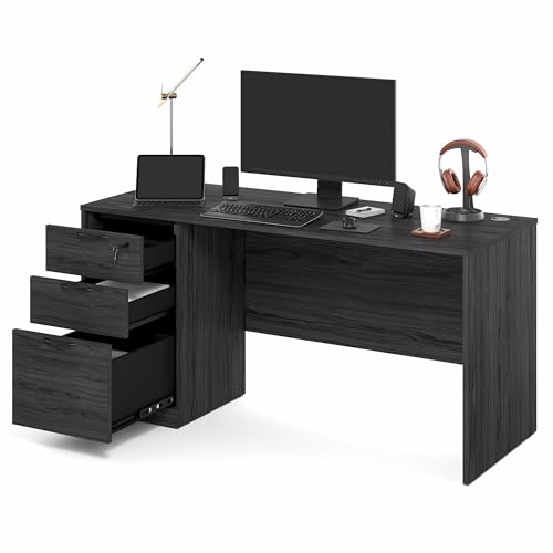 Image of Furinno Roger 60 Inch Executive Desk with File Cabinet, Home Office Desk with 3-Drawer Fixed Pedestal Filing Cabinet, Desk Cord Grommet, for Home Office, Antique Grey