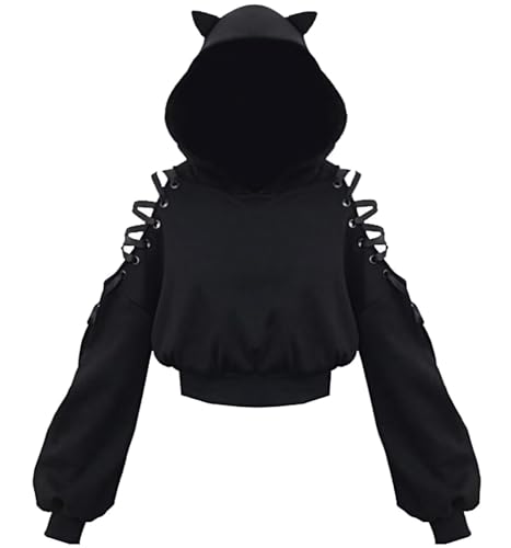 Dolpind Womens Cat Ear Hoodie Sweatshirt Long Sleeve Sweater Off Shoulder Cat Cute Crop Top Hoodies Pullover