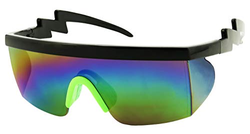 ShadyVEU Semi Rimless Neon Rainbow Sunglasses Mirrored Lens UV Protection 80s Retro Rave Shades Crooked ZigZag Bolt Arm (Black w/Green Nose Pad/Rainbow Mirrored Lens)