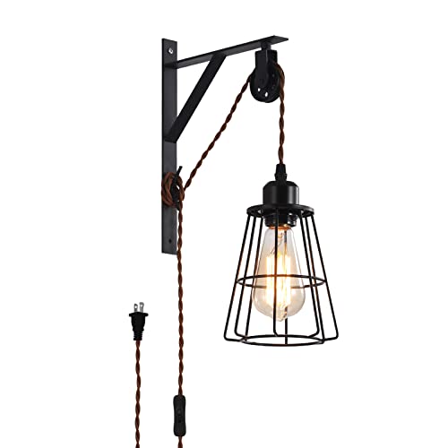 Image of Industrial Rustic Cage Wall Lamp Bracket Pulley Lights Fixture, Farmhouse Pendant Lamp Adjustable Hanging with Plug in Cord - Retro Wall Sconce for Indoor Living Room Restaurant (1-Pack)