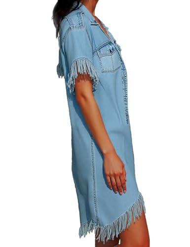 Denim Dress for Women Loose Fit, Jean Dress for Women with Short Sleeve, Pocket, Casual Blue Dress for Summer, Daily2