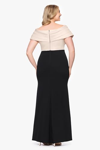 Image of Betsy & Adam Women's Floor Length Off The Shoulder Mikado, Scuba Crepe Gown, Black /Champagne, 18W