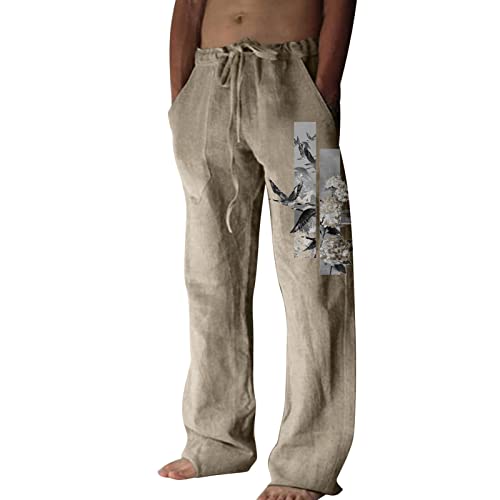 Pantalon décontracté en coton et lin pour homme avec laçage réglable gris