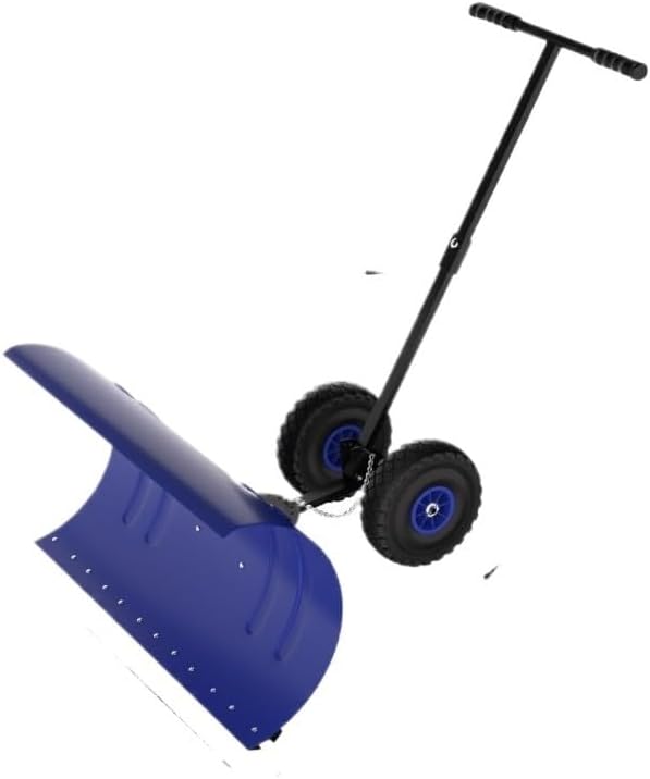 Heavy-Duty Snow Plow with Wheels - 36" Adjustable Blade Angle & Handle Height for Efficient Driveway Snow Removal - Durable Steel Construction (Blue)