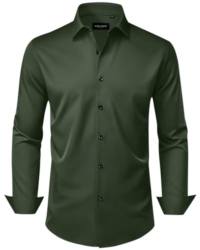 La Mejor Lista de Verde Militar los preferidos por los clientes. 50 Alimens & Gentle - Camisa de vestir para hombre, sin arrugas, elástica, de manga larga, con botones, para citas de boda, Verde militar, Large