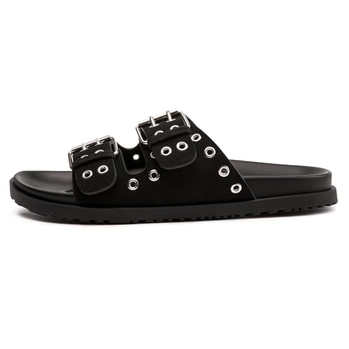 FUNKYMONKEY Women's Eyelets Adjustable Double Strap Slides Slip On Comfort Flat Sandals for Summer3