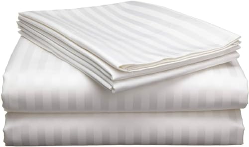 Image of 400 TC Cotton Plain Stripe Double Queen Size Bedsheet with 2 Pillow Cover (White)