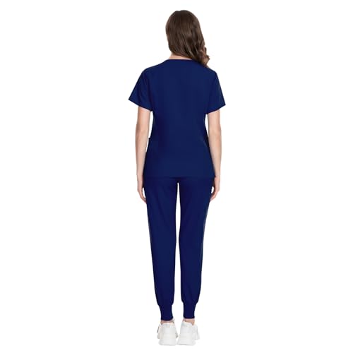 Image of VIAOLI Scrubs for Women Set Modern V-Neck Top & 8 Pocket Jogger Pants Nursing Uniform Solid Stretch Workwear