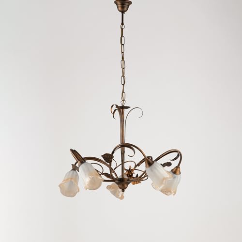 Lampadario Classico Arte Povera 5 Luci Ferro Battuto Marrone E Oro Serie Cestino