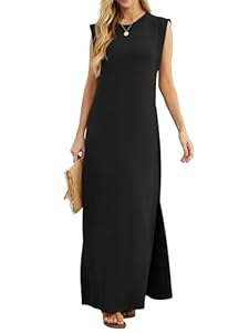 GRECERELLE Damen Sommer Maxikleid lässig Hemdkleider Elegante Stile ärmellos Maxikleider für Damen mit Schlitz und Taschen (Schwarz, M)