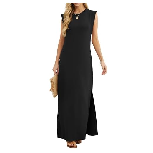 GRECERELLE Damen Sommer Maxikleid lässig Hemdkleider Elegante Stile ärmellos Maxikleider für Damen mit Schlitz und Taschen (Schwarz, M)