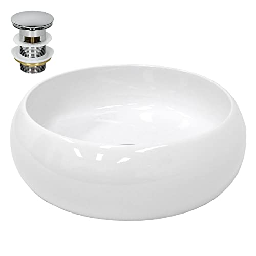 ECD Germany Vasque à Poser Lavabo Salle de Bain - Ø 350 x 120 mm - en Céramique - Rond - Blanc - avec Kit de Vidange sans Trop-Plein - Lave-Mains Évier Toilette Douche - Lavabo à Poser sur Meuble