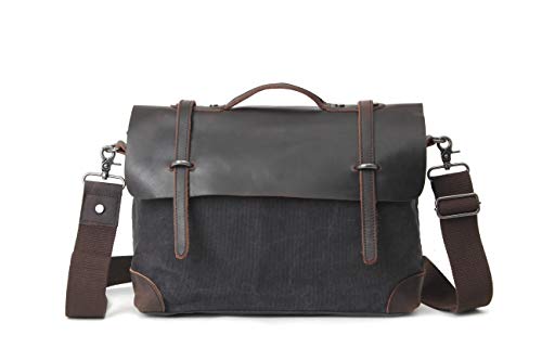 Men Retro Messenger Bag 15.6 Inch Waterproof Vintage Genuine Leather Waxed Canvas Briefcase Large Satchel Shoulder Bag Rugged Leather Computer Laptop Bag